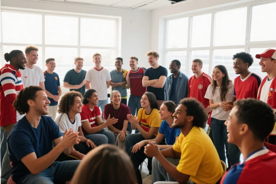 一个多样化的体育粉丝社区在明亮的空间中聚集,大家一起微笑、交流和互动,展现团结与友善