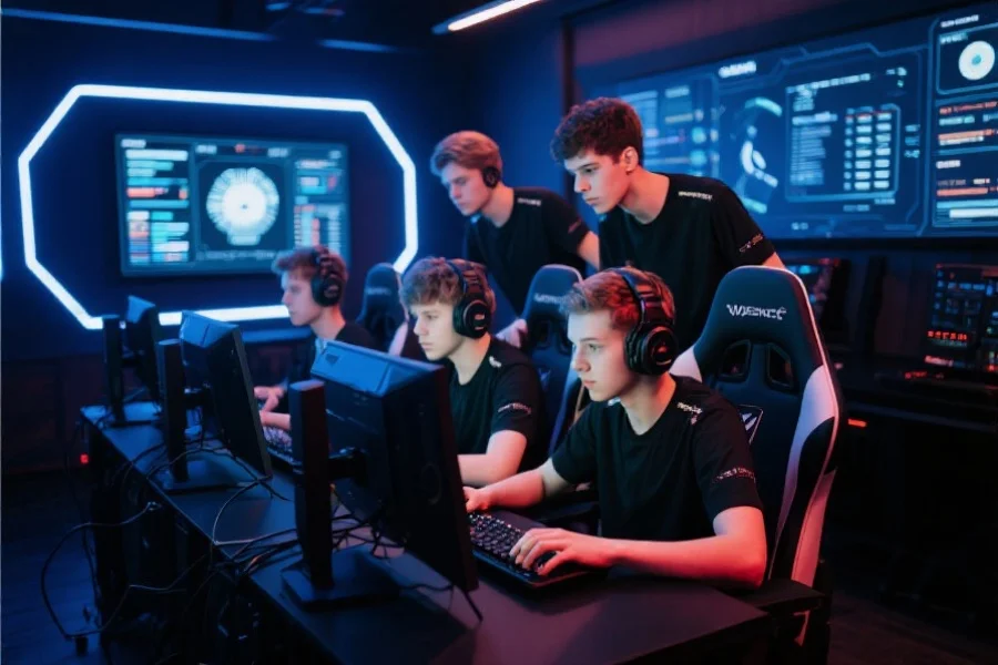一群年轻电竞选手在训练室中专注地对战,背景是高科技设备和数据屏幕,体现团队合作与专业精神